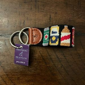 Smathers & Branson Needlepoint and Leather Beer Bottle Key Fob